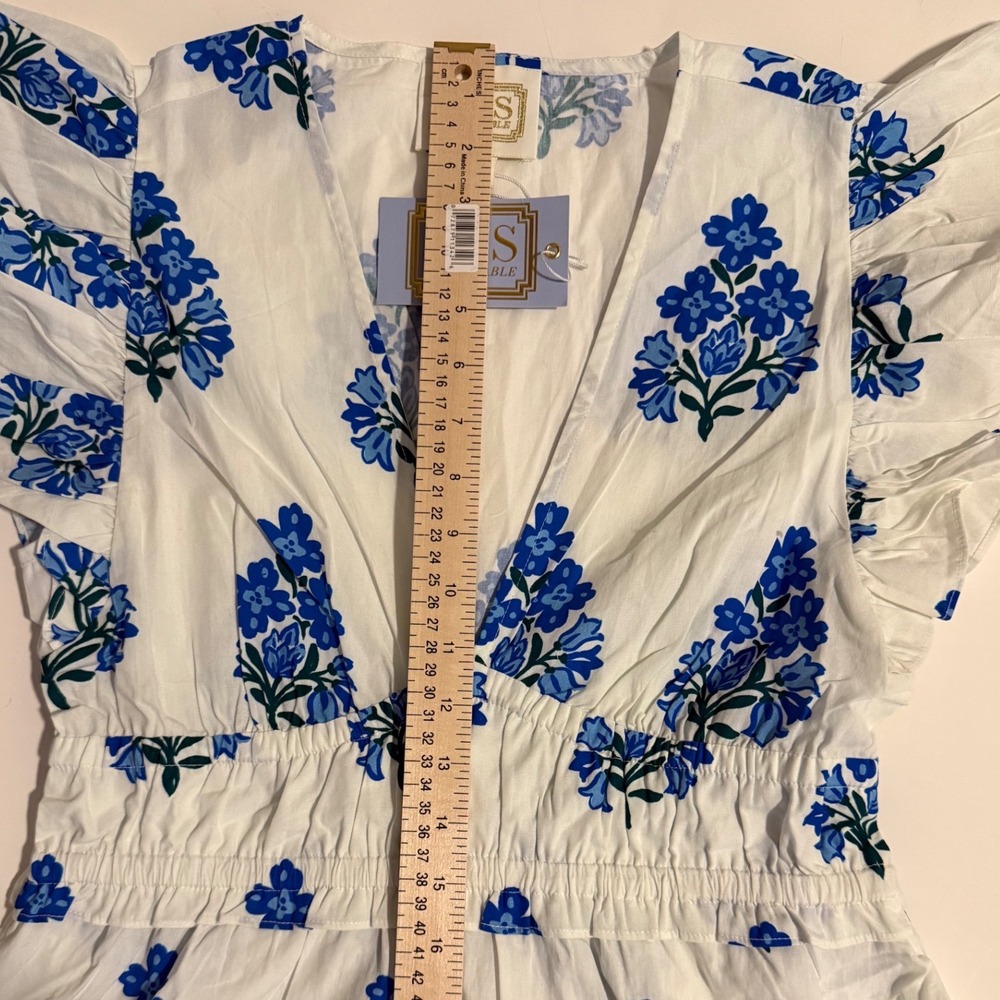 NWT Sail to Sable Blue White Floral Cotton Resort Maxi Dress Smocked Flutter M - Picture 7 of 10